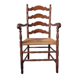 Vintage Tell City/Ethan Allen Style Colonial Early American Ladderback Dining Wooden Armchair, Woven Rush Seat For Sale