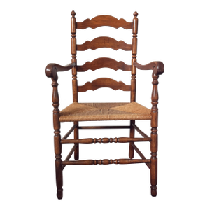 Vintage Tell City/Ethan Allen Style Colonial Early American Ladderback Dining Wooden Armchair, Woven Rush Seat
