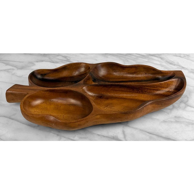 Mid-Century 19" Monkey Pod Wood Divided Centerpiece Leaf Bowl For Sale - Image 6 of 9