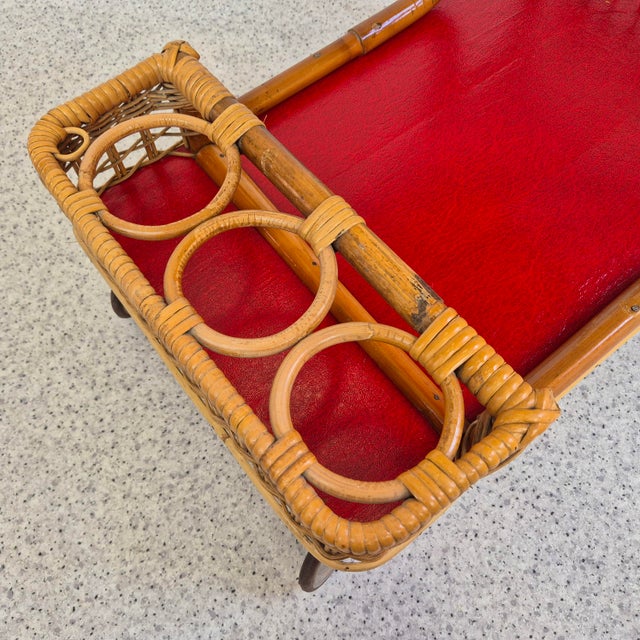 Mid-Century Modern Bar Cart in Wicker with Red Shelves, 1950s For Sale - Image 10 of 11