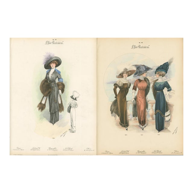 Pair of Antique Chic Parisien Fashion Plates, 1910 For Sale