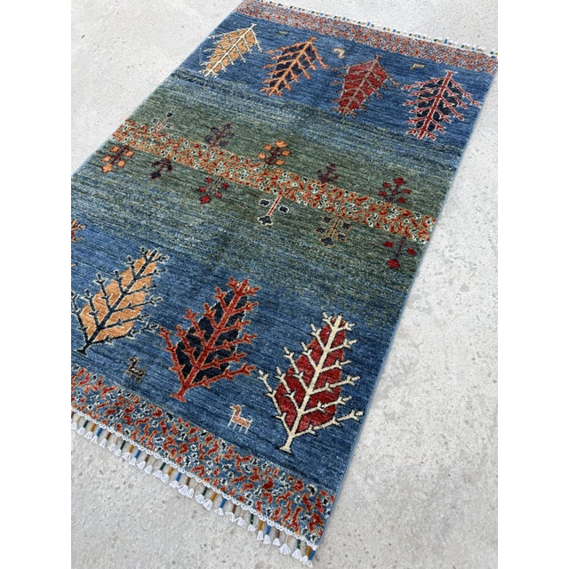 Gabbeh Tribal Area Rug, Hand-Knotted Wool, Trees, 3x5, Blue & Green For Sale - Image 4 of 10