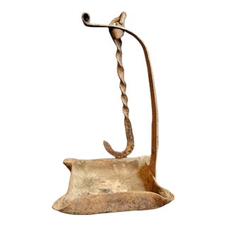 18th C Hand Forged Wrought Iron 4-Wick Fat Lamp Primitive Square Crusie Pick For Sale