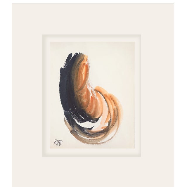 Mid-Century Modern Vintage Abstract Form #2 in Mixed Media on Paper With Mat, Signed by European Artist Dreys, 1954 For Sale