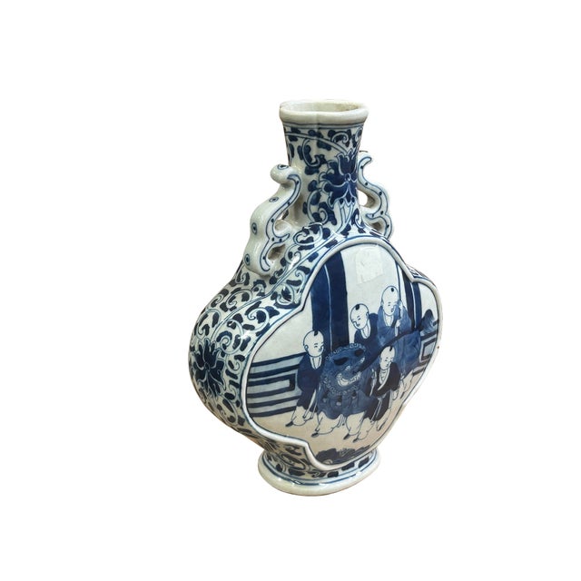 Chinese Chinese Blue White Porcelain MoonFlask Scenery Graphic Art Vase For Sale - Image 3 of 15
