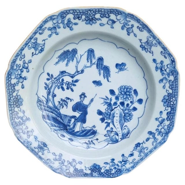 Antique Qing Dynasty Chinese Octagonal Blue and White Porcelain Dish, 1750 For Sale - Image 6 of 6