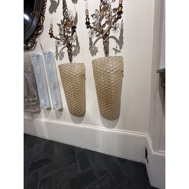 Modern Pair of Modern Gold Ribbed Murano Glass Sconces For Sale - Image 3 of 5