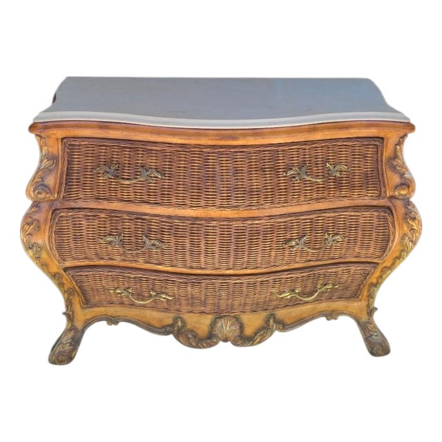 ​Vintage French Provincial, British Colonial Wicker & Gilt 3 Drawer Bombe Commode Chest With Marble Top For Sale