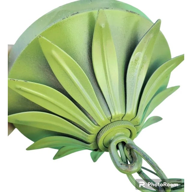 Traditional Vintage Custom Painted Pale Green Carved Palm Tree Faux Bamboo Iron 6 Light Regency Chandelier For Sale - Image 3 of 10