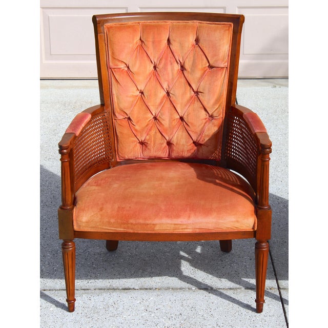 Peach Vintage Tufted Velvet Upholstered Pair of Mid-Century Modern Armchairs With Cane Sides For Sale - Image 8 of 18
