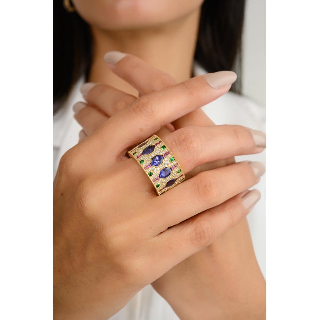 Contemporary Stately 14k Solid Gold Wide Band With Multi Gem Contemporary Ring Size 7 For Sale - Image 3 of 12