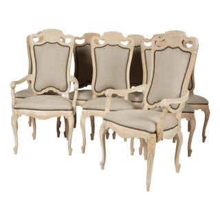 Late 20th Century Modern Bleached Wood Dining Chairs New Linen and Nailhead Trim- Set of 8 For Sale