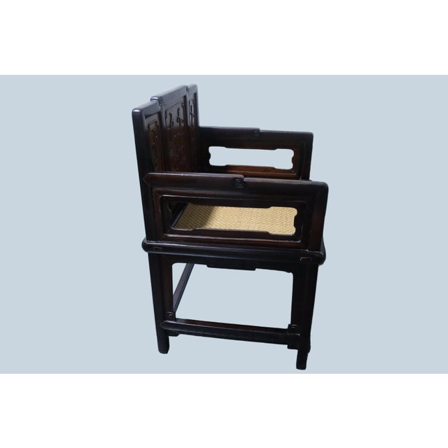 Gorgeous vintage Chinese Ming style wooden desk chair with colorful burl back with carved dragon decor and a thin and...