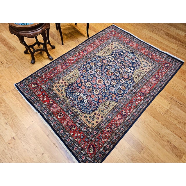 Textile Vintage Persian Tabriz Area Rug, Hand-Knotted Wool, Floral Pattern, Navy & Red, 4x6 For Sale - Image 7 of 15