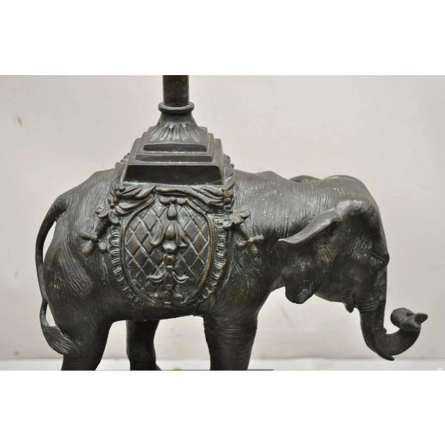 Figurative Late 20th Century Maitland Smith Bronze Figural Elephant Table Lamp Faux Tooled Leather Shade (A) For Sale - Image 3 of 12