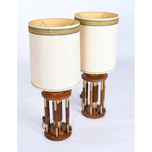Pair Post Modern Gold Brass and Oak Wood Large Table Lamps For Sale - Image 9 of 10