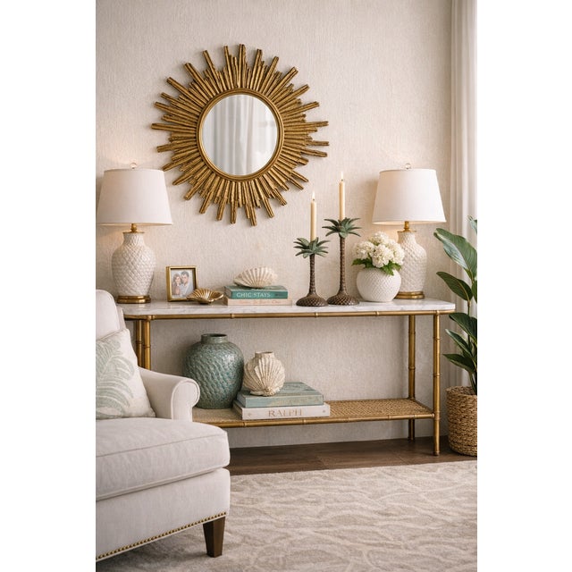 A chic stylized pair of vintage palm tree candlesticks, featuring richly patinated bronze-tone trunks and verdigris green...