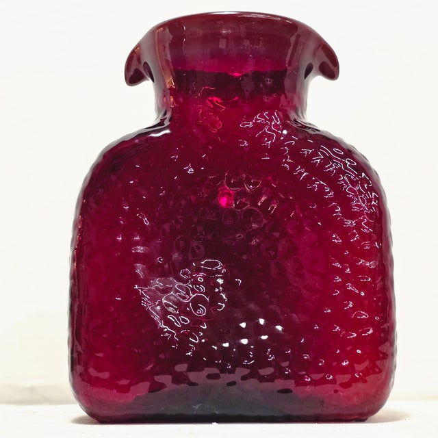Vintage Ruby Red Textured Art Glass Vase MCM Sculptural Canteen Form Pinched Flared Rim 8” For Sale - Image 6 of 10