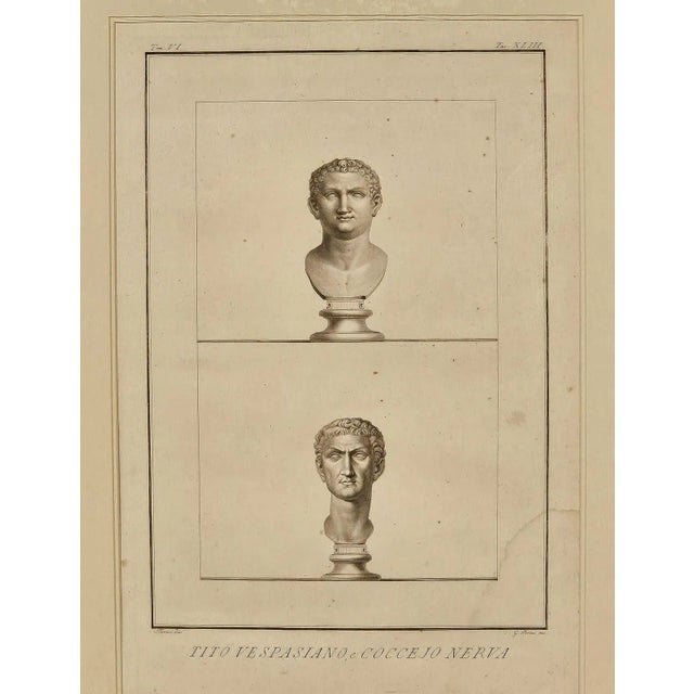 An engraving of the busts of the Roman Emperors Vespasian and Nerva, Italy, circa 1800.