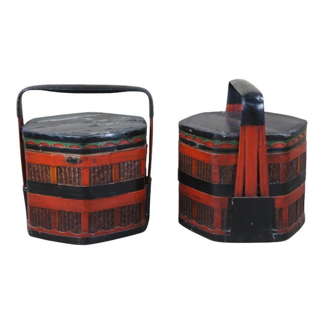 Early 20th Century Antique Chinese Red & Black Lacquer Bamboo Rattan Nested Picnic Wedding Baskets - a Pair For Sale