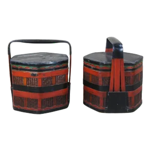 Early 20th Century Antique Chinese Red & Black Lacquer Bamboo Rattan Nested Picnic Wedding Baskets - a Pair