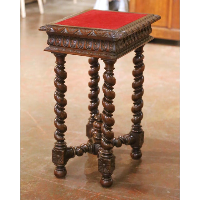 19th Century French Louis XIII Carved Walnut Side Table With Velvet Top For Sale - Image 12 of 15