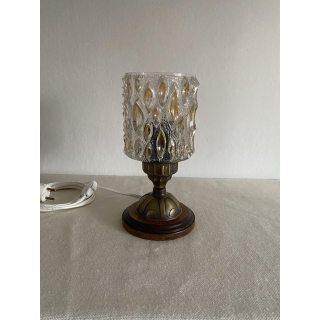 Metal Amber Pressed Glass Table Lamp with Wooden Base, 1970s For Sale - Image 7 of 13