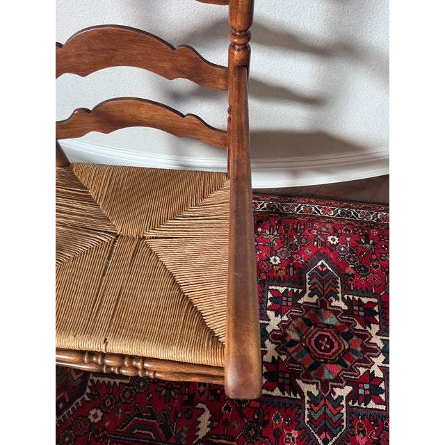 Brown Vintage Tell City/Ethan Allen Style Colonial Early American Ladderback Dining Wooden Armchair, Woven Rush Seat For Sale - Image 8 of 12