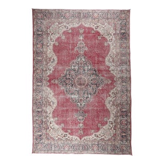 Vintage Handmade Turkish Rug – Red Medallion With Cream Corners & Floral Scrollwork -6' 9'' X 10' 6'' For Sale