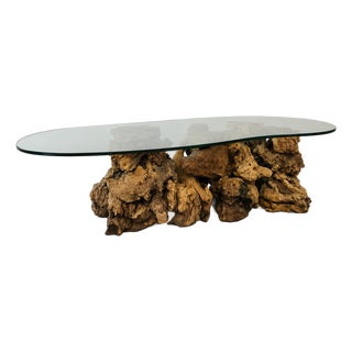 Vintage 1970s Burlwood Driftwood Sculptural Glass Top Coffee Table For Sale