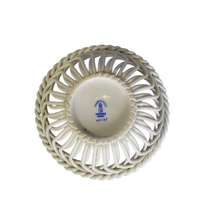 Hand-Painted Porcelain Reticulated Basket Bowl with Floral Motif from Herend Hungary, 1960-1990 For Sale - Image 4 of 10