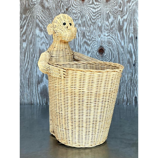 Late 20th Century Vintage Coastal Woven Rattan Monkey Waste Paper Basket For Sale - Image 5 of 7