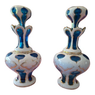 Antique Moser Bohemian Glass Overlay Pr Aquamarine Bottles For Sale