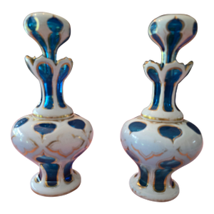 Antique Moser Bohemian Glass Overlay Pr Aquamarine Bottles