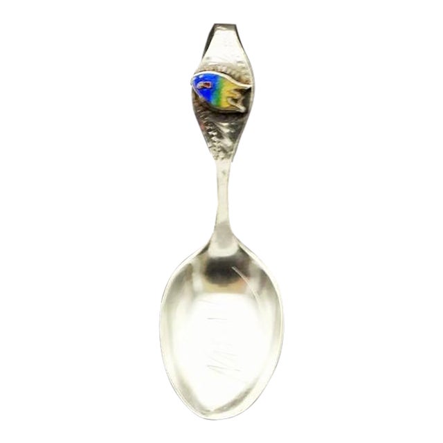 1930s Sterling Silver Nassau Bahamas Enameled Dipping Jam or Baby Spoon 1930s English Bm & Co For Sale