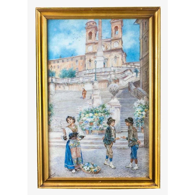 Ettore Ascenzi, The Spanish Steps, Rome, 19th Century, Watercolour, Framed For Sale - Image 12 of 13