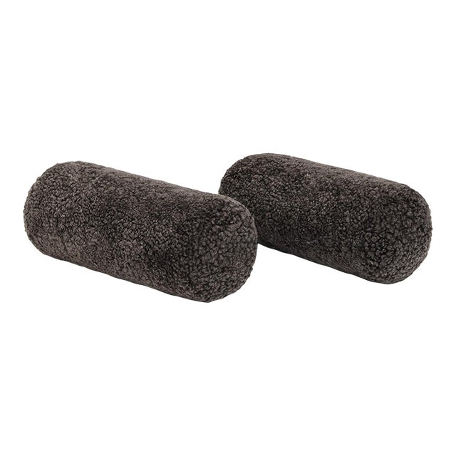 Set of 2 New Zealand Sheepskin Bolster Pillows – Curled Wool in Charcoal Cocoa For Sale