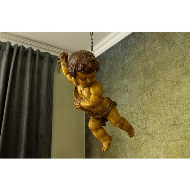 Wood German Baroque Revival Style Polychromed Carved Wood Putto Figure For Sale - Image 7 of 18