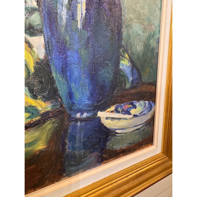 Blue 20th Century Oil on Board "White Roses" For Sale - Image 8 of 9