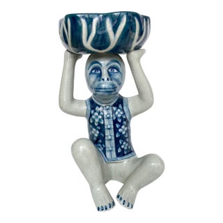 Vintage Blue and White Chinoiserie Monkey Holding Bowl For Sale
