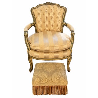 Louis XV–Style Gold Tufted Armchair With Coordinating Damask Fringed Footstool For Sale