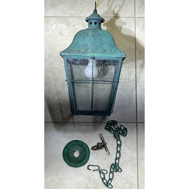 Vintage-Style Hand-Painted Verdigris Metal Hanging Pendant Lantern - 19”x10x10 For Sale In Miami - Image 6 of 11