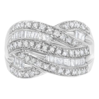 .925 Sterling Silver 1.0 Cttw Channel Set Alternating Round and Baguette Diamond Cross-over Bypass R For Sale