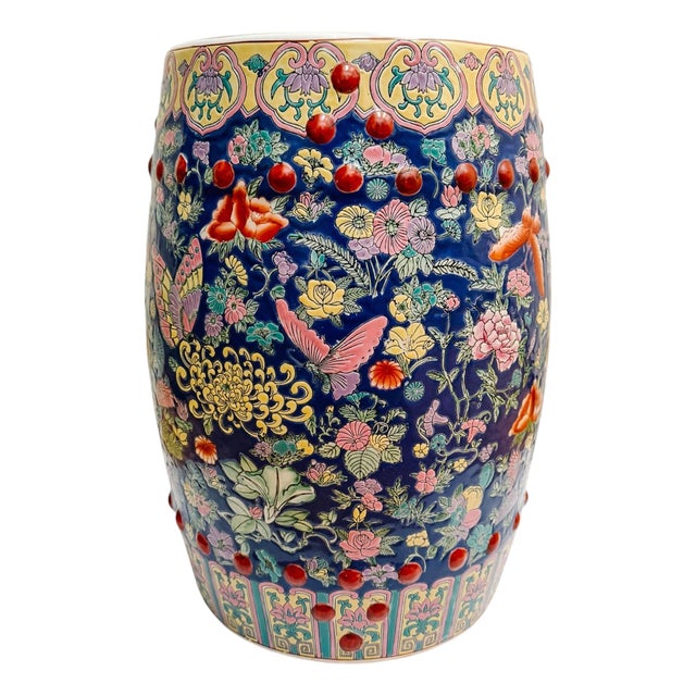 Mid 20th Century Chinese Famille Rose Cobalt Blue Millefleurs & Butterfly Porcelain Garden Stool For Sale