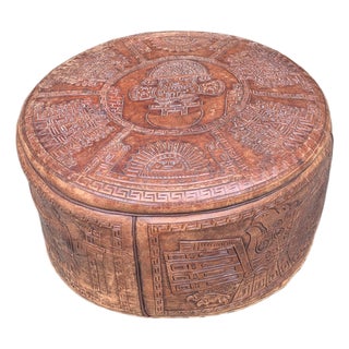 1960s Hand-Tooled Leather Ottoman With Pre-Columbian Motifs For Sale
