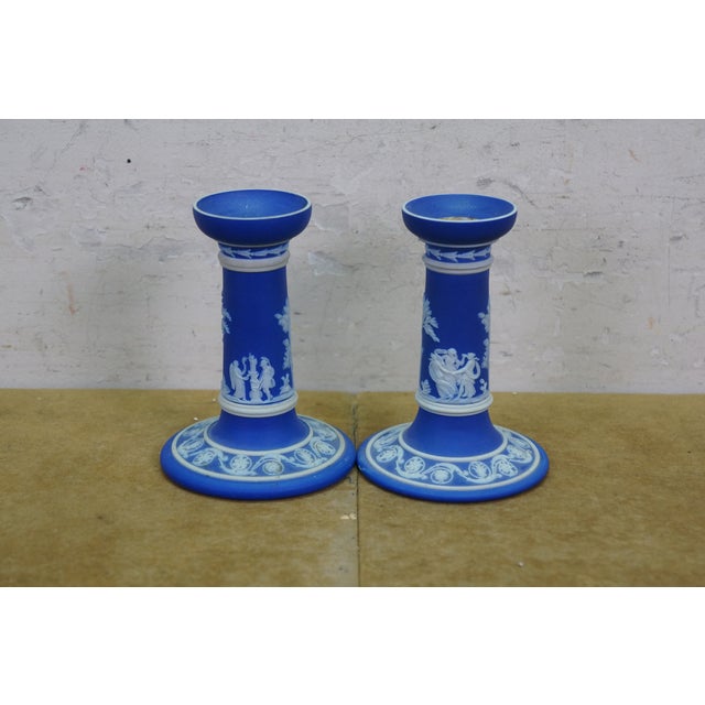 Wedgwood Vintage Wedgwood Blue Jasperware Candlesticks Creamer Sugar Teapot Bowl Compote - Set of 6 For Sale - Image 4 of 16