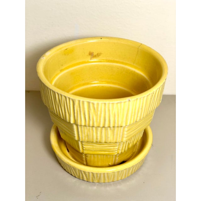 McCoy Pottery 1940s - 1960s “Yellow" Mid Century Flowerpot And Attached Saucer Bark Basket Weave Design, Small, Yellow...