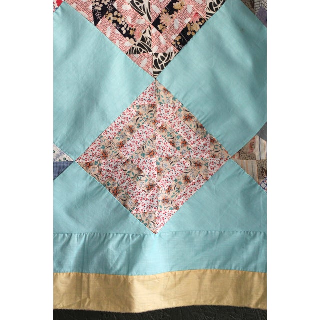 Aqua 1950s Quilt Top in Aqua and Yellow in an Intricate Pattern For Sale - Image 8 of 11