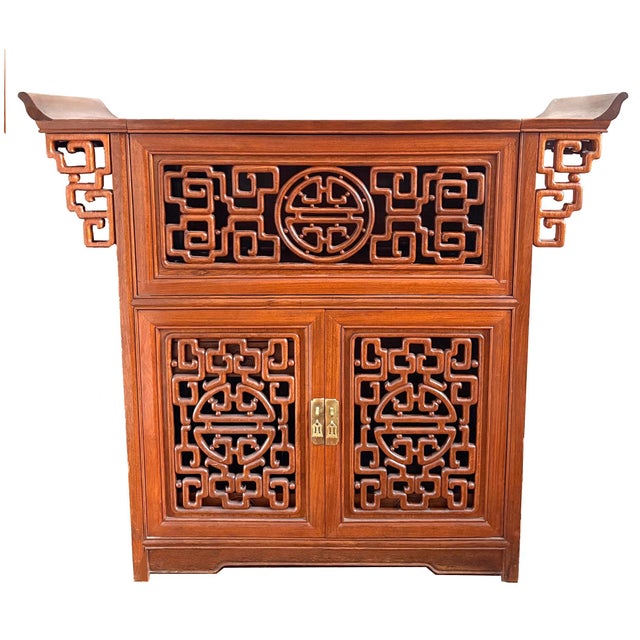 Wood Chinese Vintage Antique Carved Hardwood Cabinet For Sale - Image 7 of 7