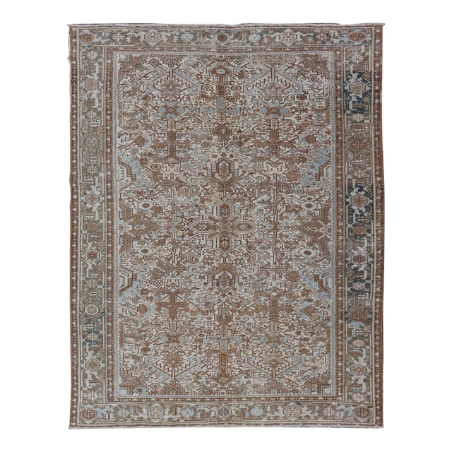 Vintage Hand-Knotted Heriz Rug With Sub-Geometric Design in Natural Tones 8'1 X 11'1 For Sale